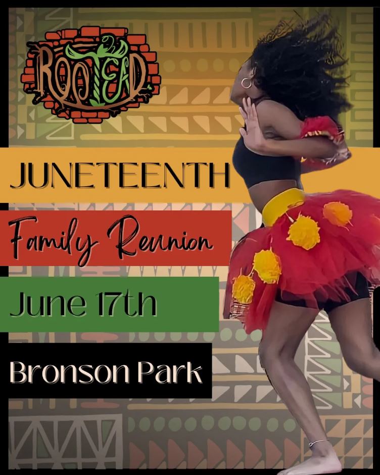 Flyer for Rootead Juneteenth Celebration, featuring a photo of a woman dancing