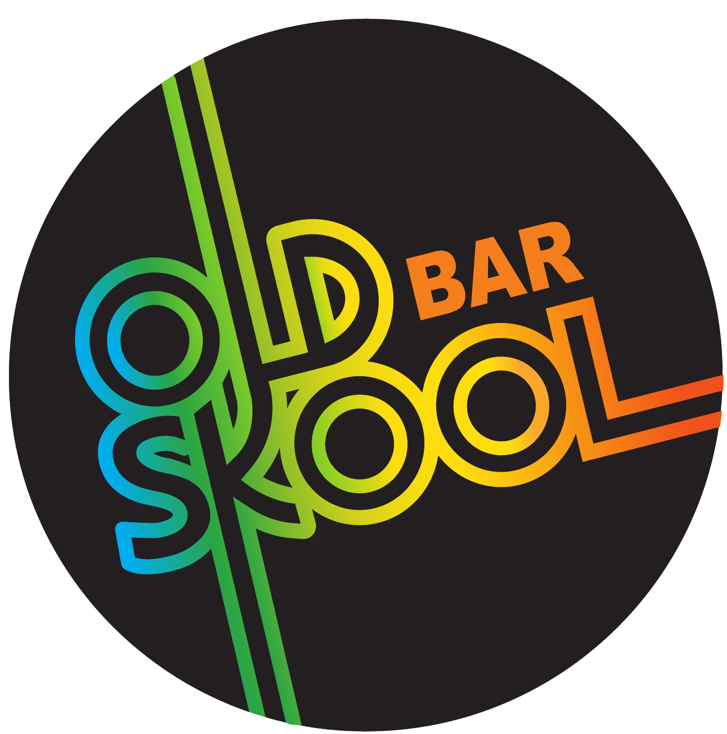 Old Skool bar logo, a black circle with rainbow colored text for the business name.
